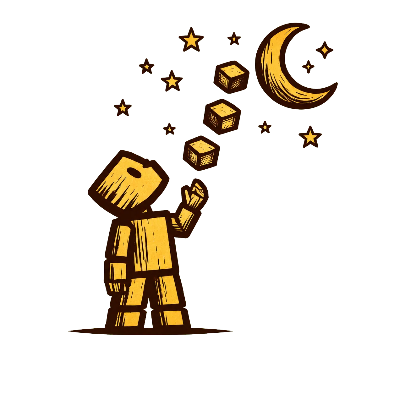 Wooden Boy Industries wooden character reaching toward blocks, stars, and a crescent moon