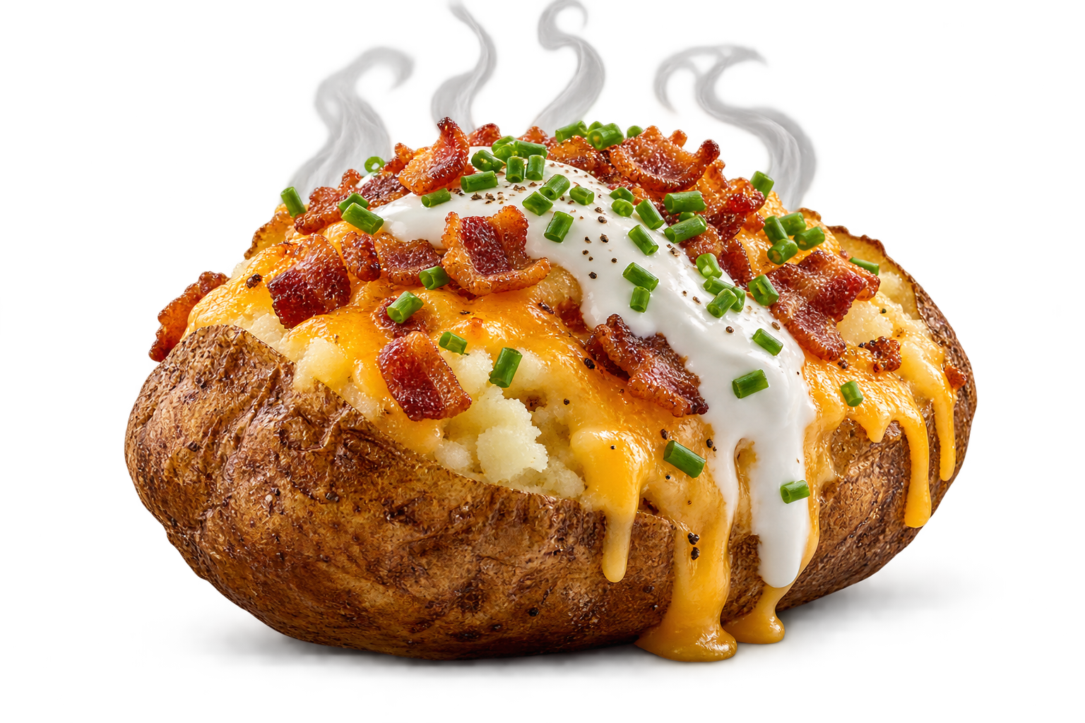 Steaming loaded baked potato overflowing with melted cheese, crispy bacon, chives, and sour cream