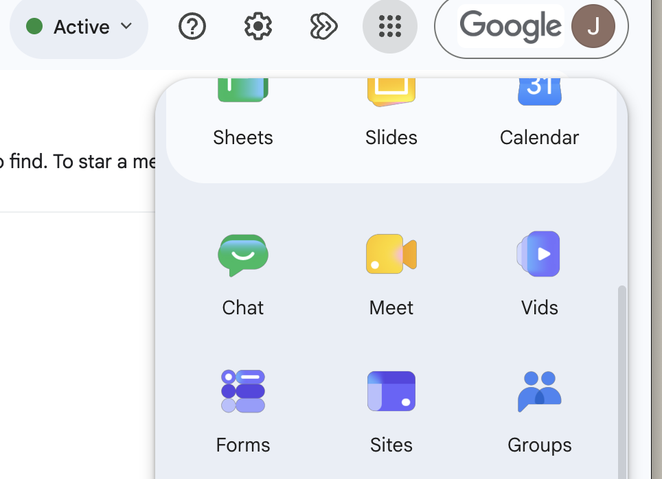 Actual Google apps menu: the nine-dot launcher button is at the top, and Forms is visible at the bottom left beside Sites and Groups.