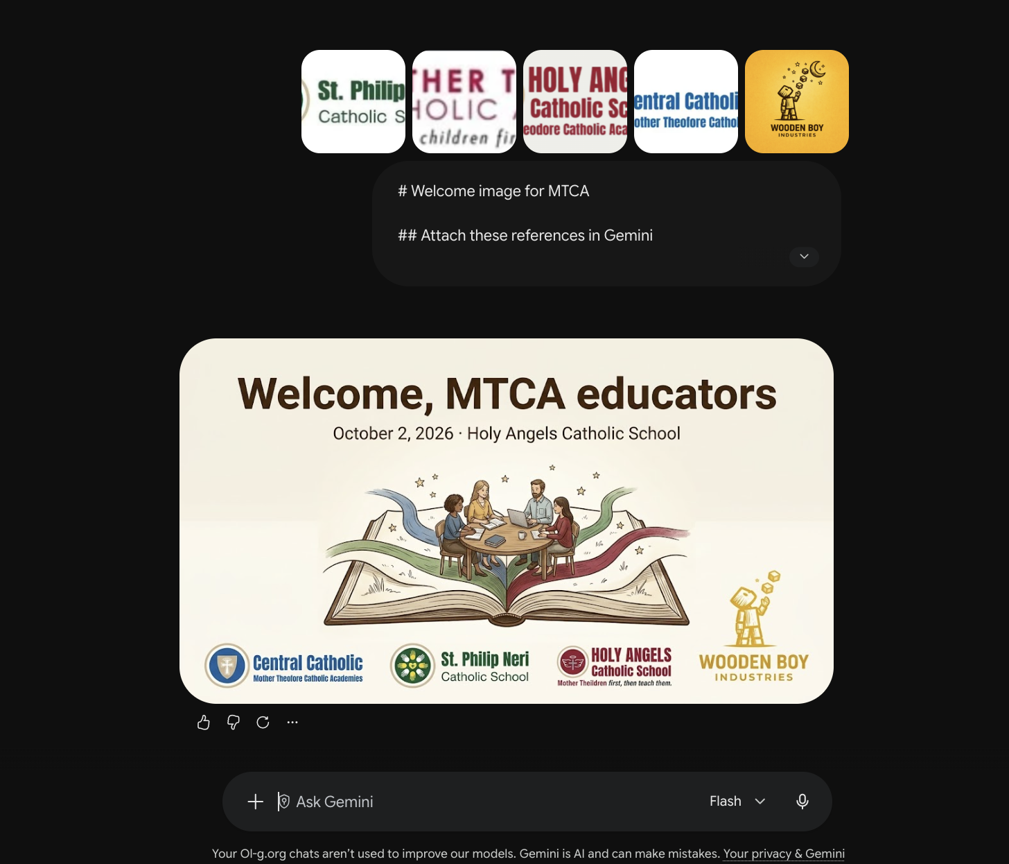 Gemini conversation showing the uploaded school and WBI logos, the prompt, and the generated welcome image for MTCA educators, October 2, 2026 at Holy Angels Catholic School