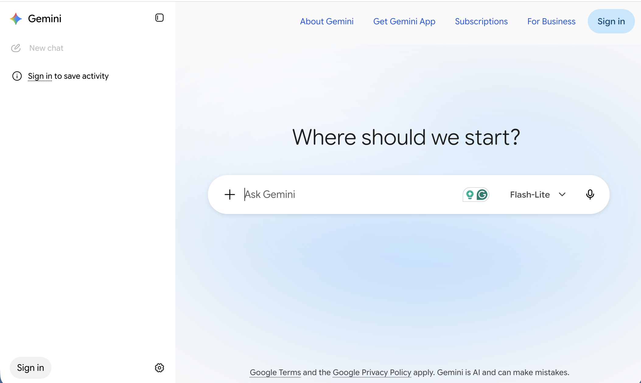 The top right corner of the Gemini page, with the Sign in button