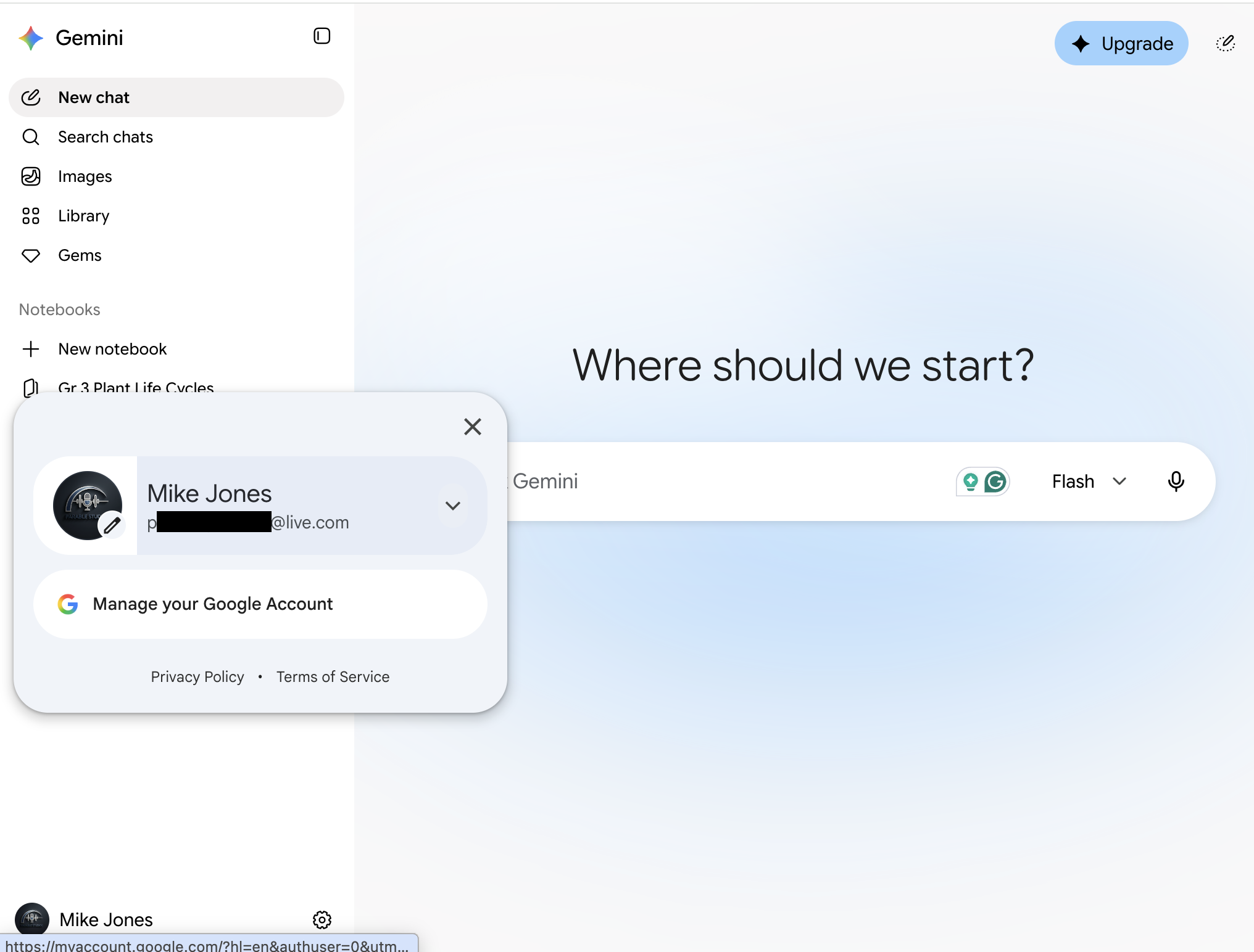 The account panel opened from the picture at the bottom left of Gemini, showing the name and email address