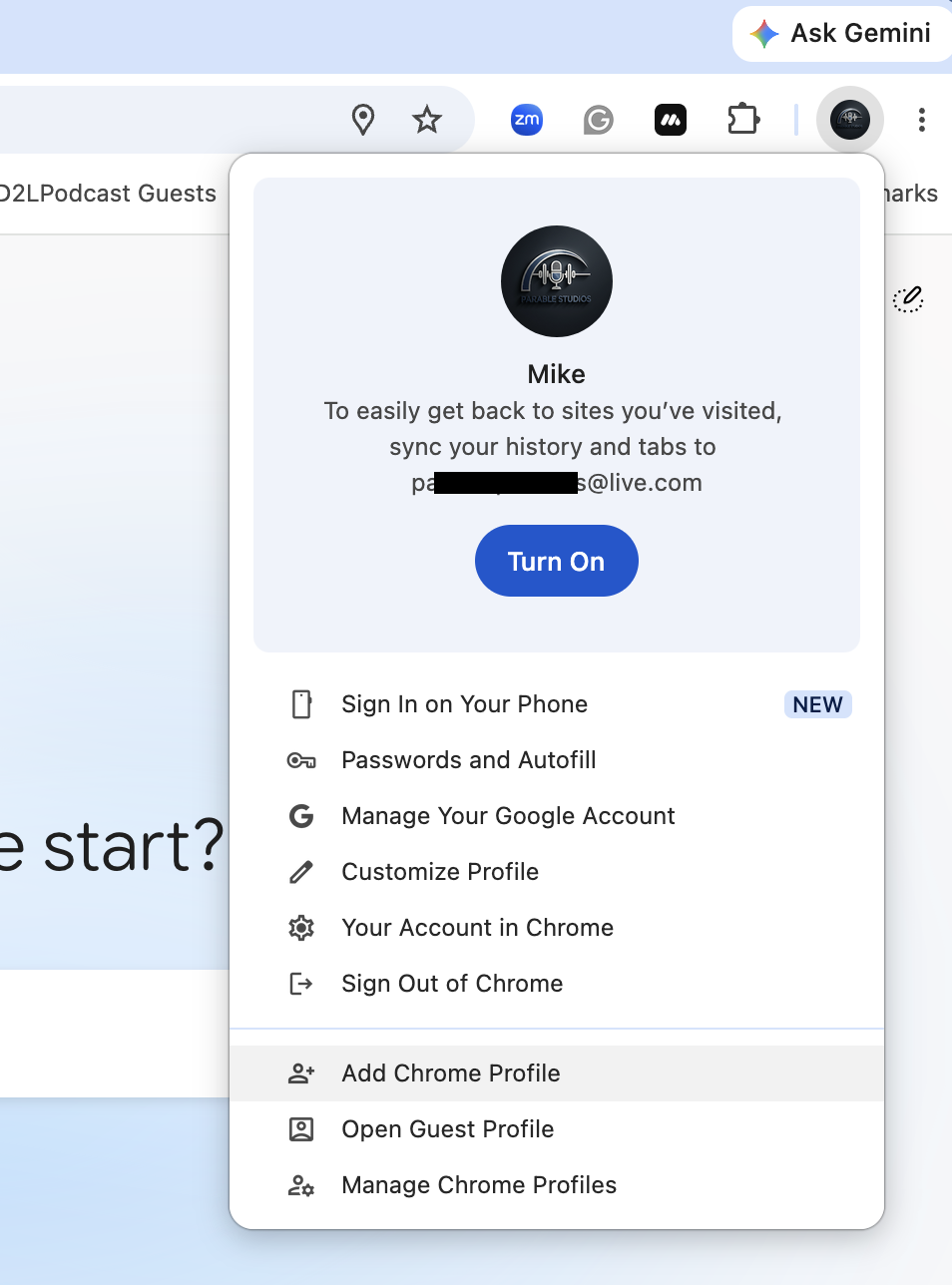 Chrome's profile menu, opened from the picture at the top right of Chrome, with Add Chrome Profile