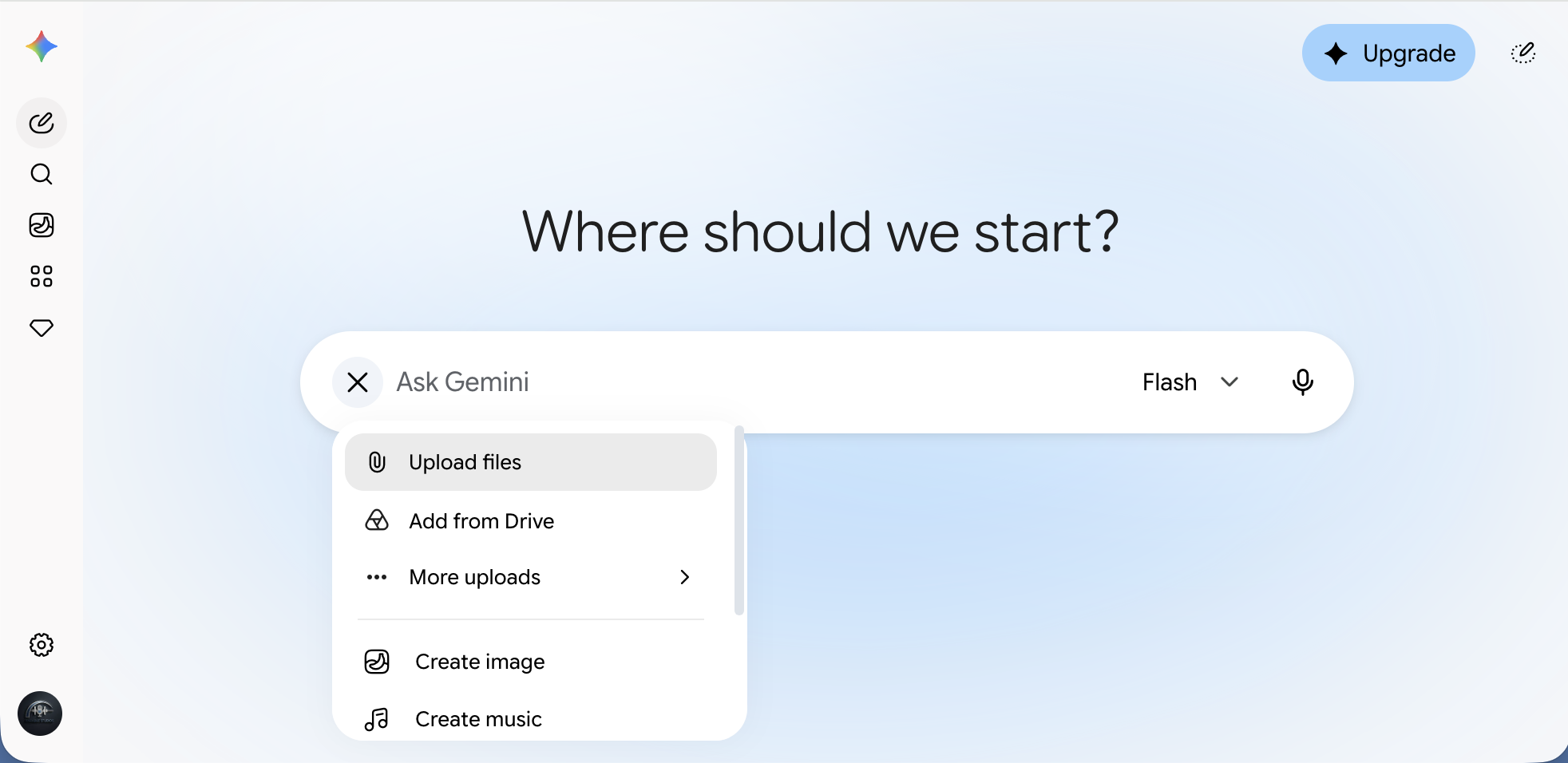 The menu open under the X, with Upload files at the top, then Add from Drive and More uploads