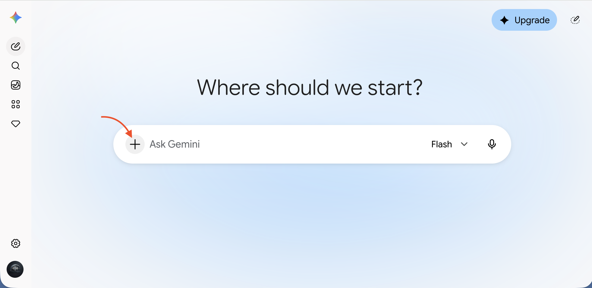 The Gemini prompt box, with an arrow pointing to the plus sign at its left end