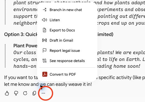 The menu that opens from the three dots under a Gemini response, with the three dots circled and Export to Docs in the menu
