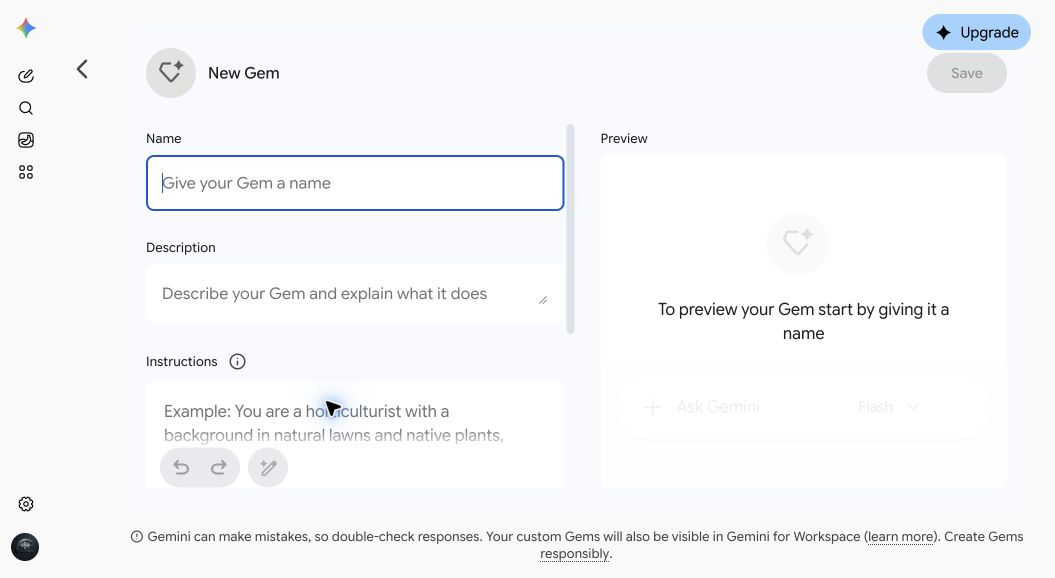 The empty Gem editor at gemini.google.com/gems/create