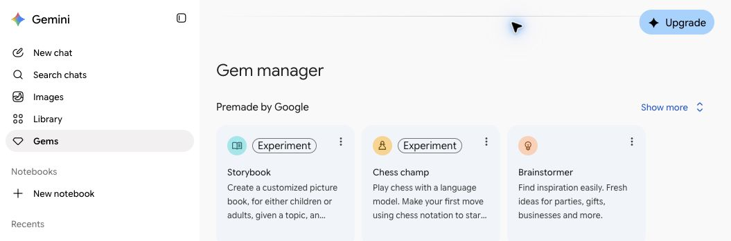 The Gemini menu with Gems selected, and the Gem manager page