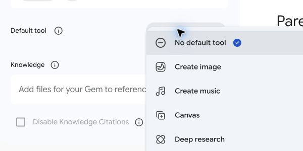 The Default tool setting in the Gem editor, showing No default tool