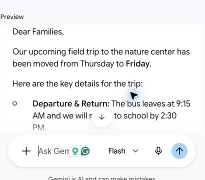 The Preview panel, with the Ask Gemini box at the bottom and the Gem's reply above it