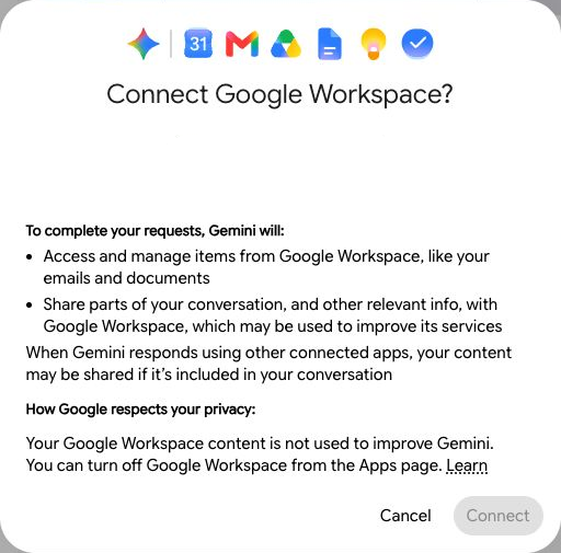 The Connect Google Workspace prompt that can appear before Gem sharing