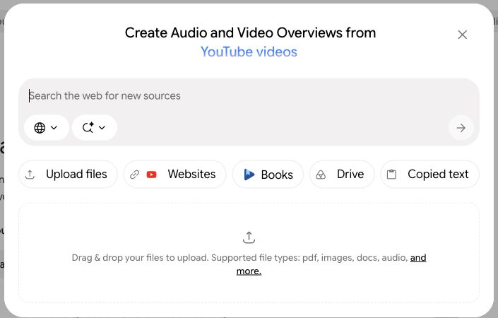 The window for adding sources, with Upload files, Websites, Books, Drive, and Copied text