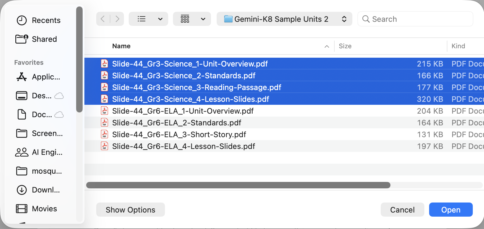 The file picker showing all eight sample files, with the four Slide-44_Gr3-Science files selected and the Open button
