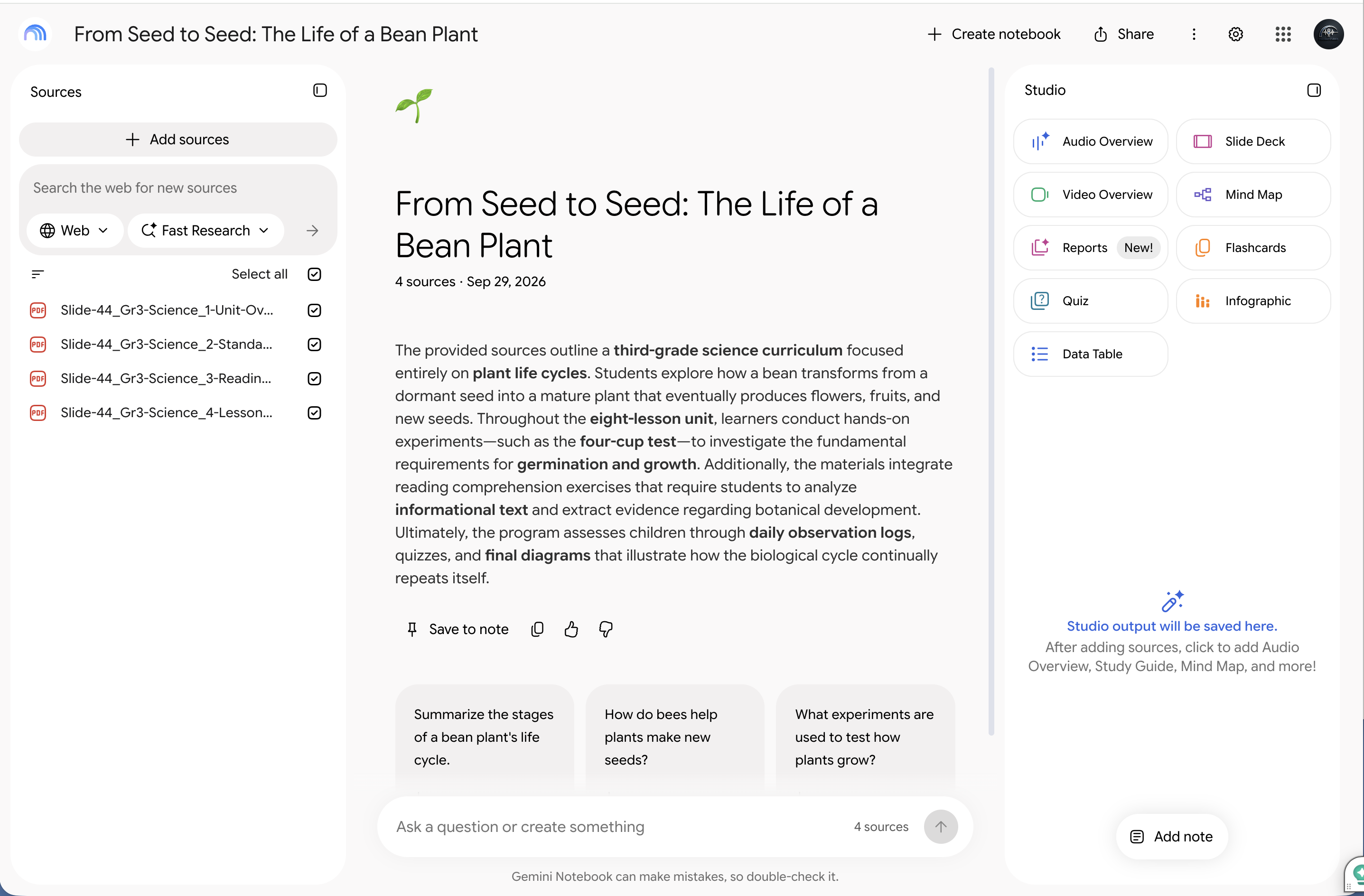 The new notebook, named From Seed to Seed: The Life of a Bean Plant, with four sources, each checked in the Sources panel