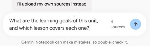 The notebook chat with the learning-goals question typed in