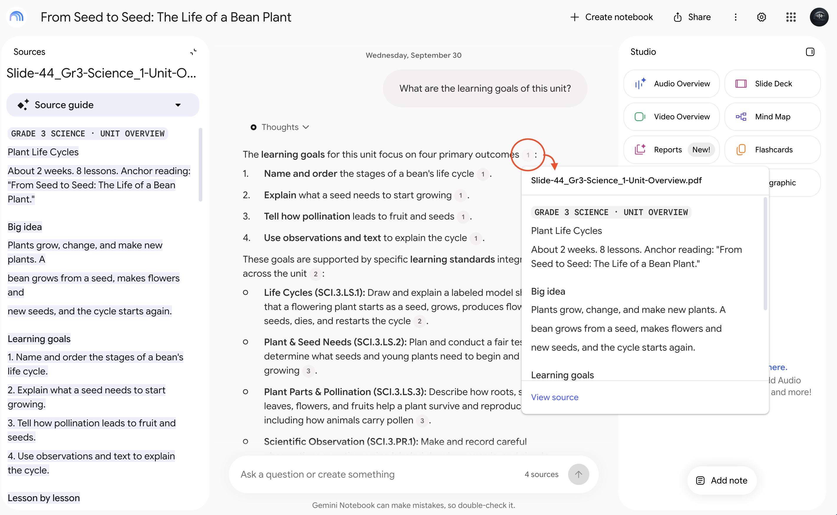 An answer with a citation number circled, and an arrow to the source quote that shows on hover