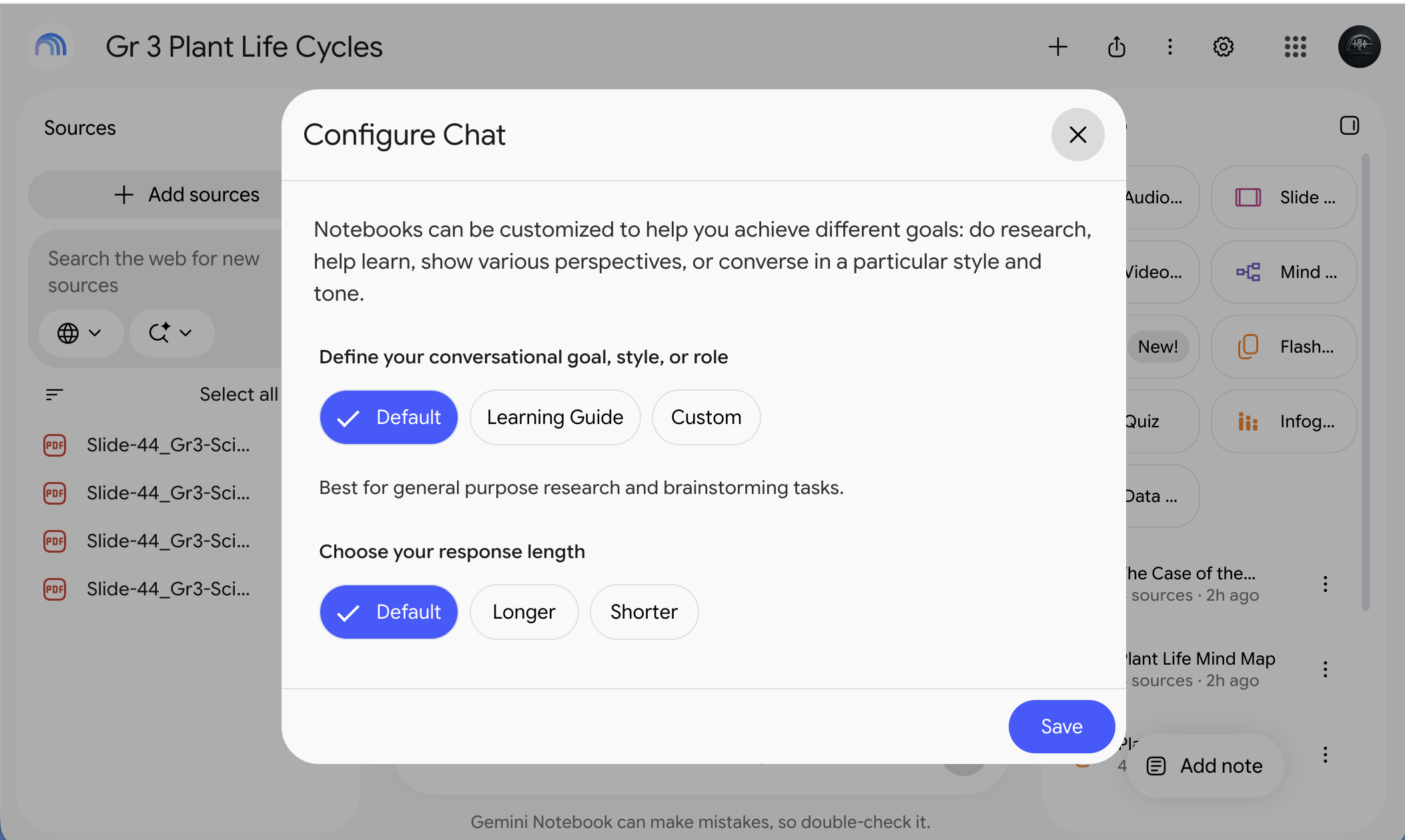 The Configure Chat window with the Default, Learning Guide, and Custom styles
