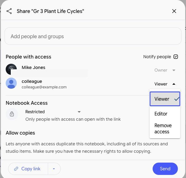 The notebook sharing window, with Add people and groups, the Viewer and Editor choices, and Send