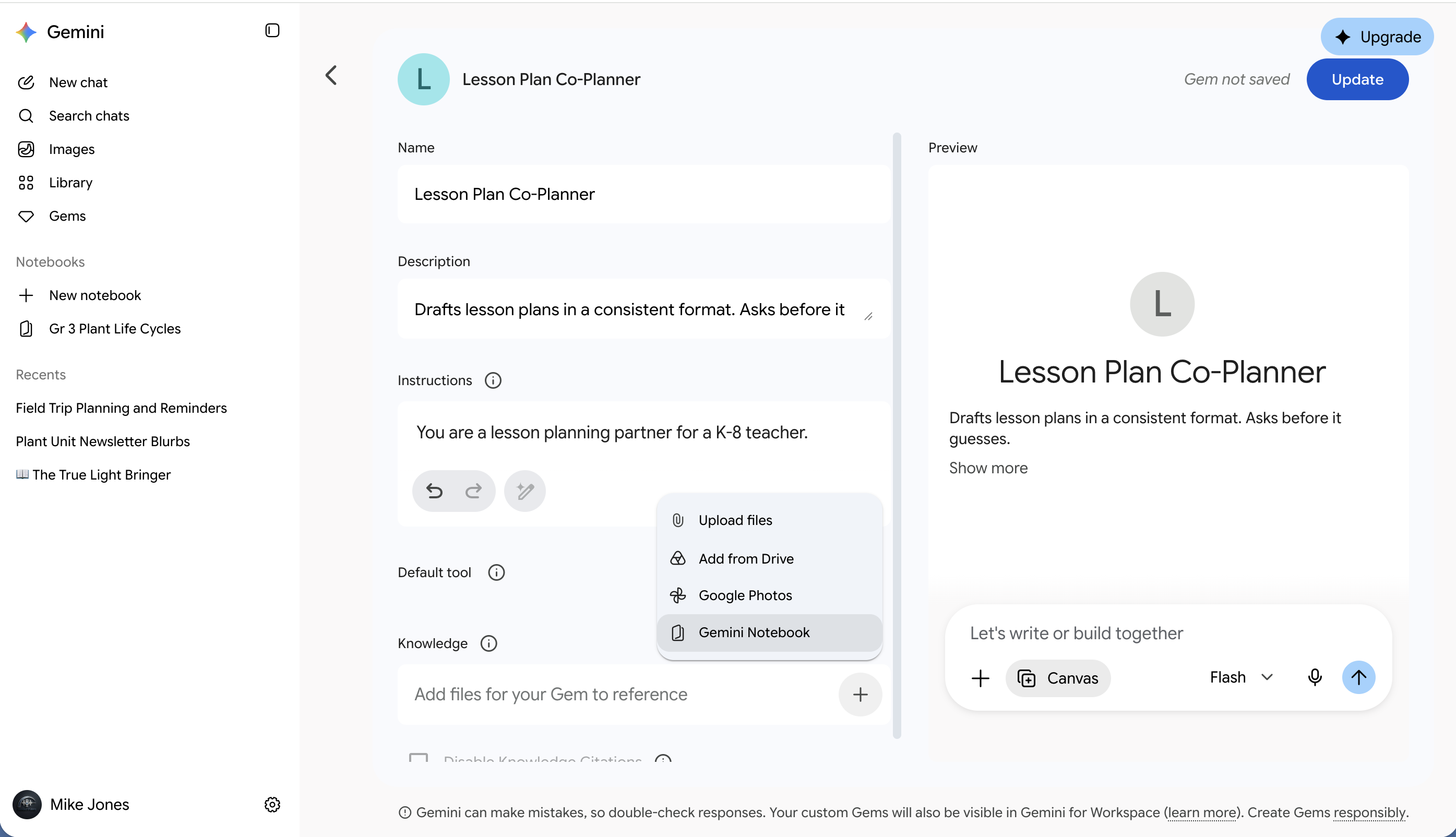 The Gem editor for the Lesson Plan Co-Planner, with the Knowledge plus sign's menu open: Upload files, Add from Drive, Google Photos, and Gemini Notebook