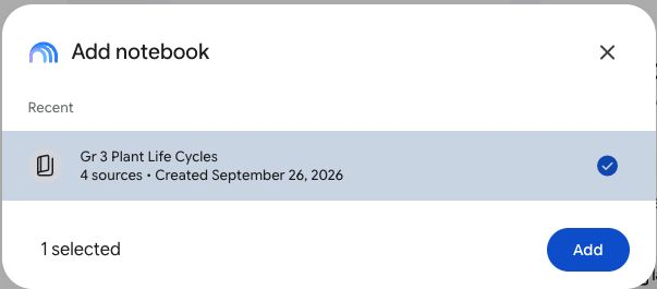 The Add notebook window, with the Gr 3 Plant Life Cycles notebook checked and the Add button
