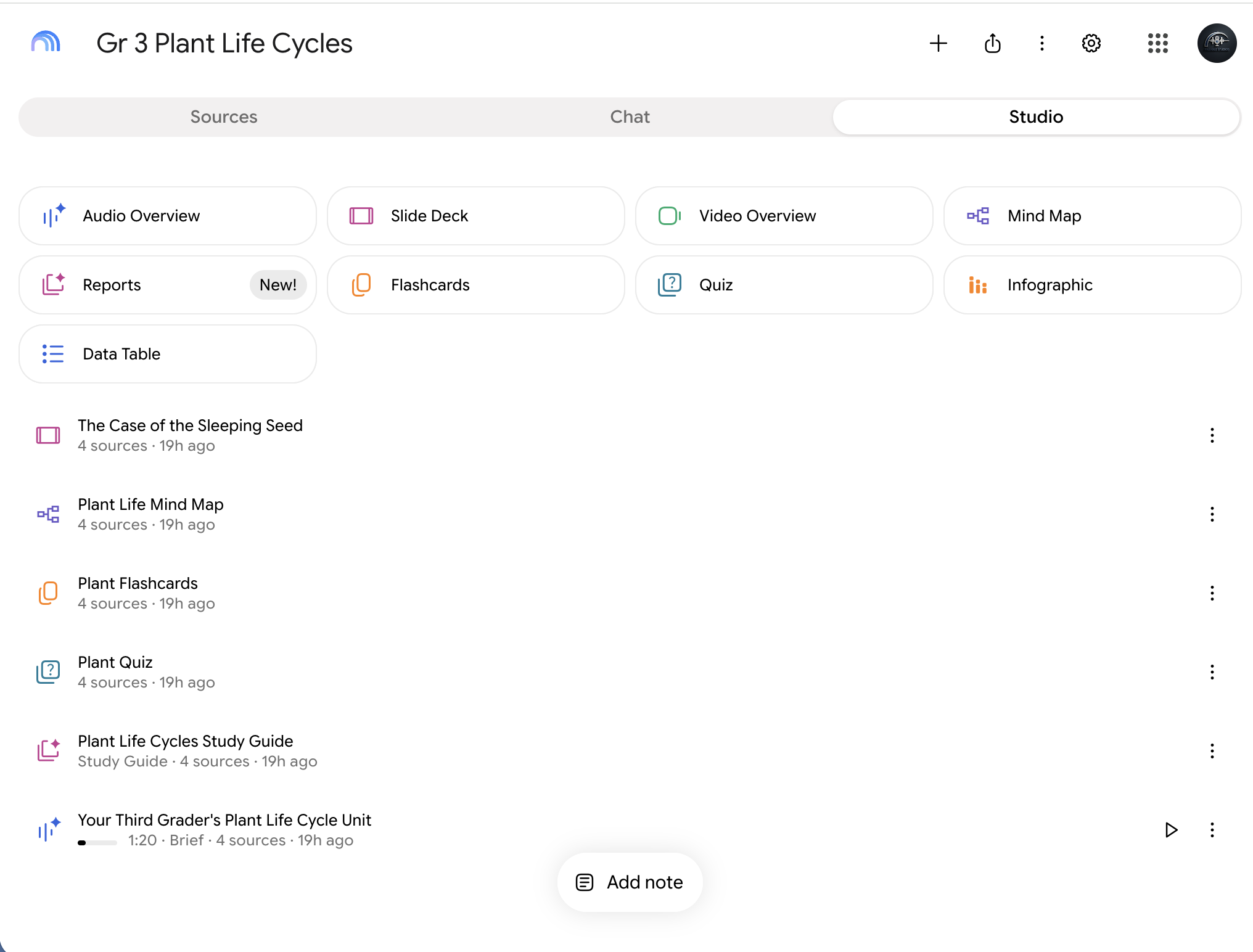 The Studio tab in a notebook: tiles for Audio Overview, Slide Deck, Video Overview, Mind Map, Reports, Flashcards, Quiz, Infographic, and Data Table, with finished items below