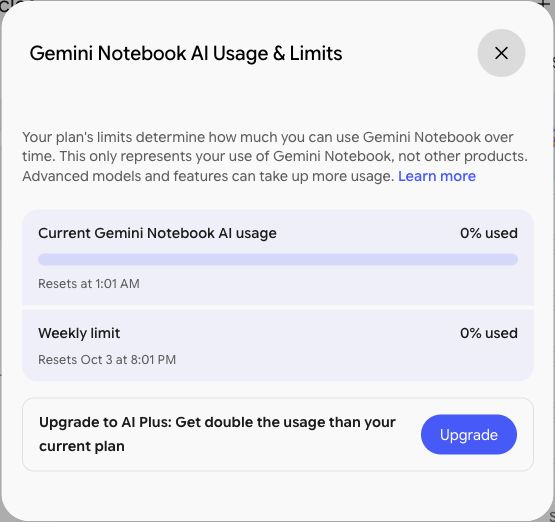 The Gemini Notebook AI Usage and Limits window, with percent used and reset times