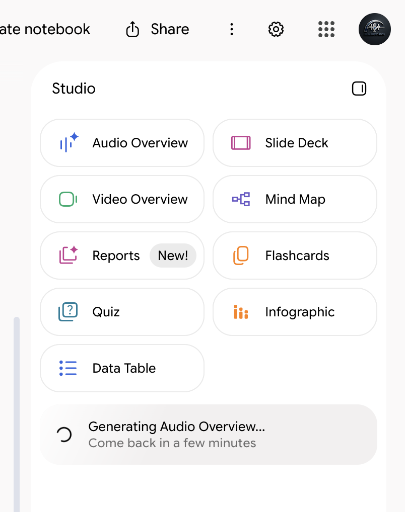 The Studio panel, with Generating Audio Overview and Come back in a few minutes under the tiles