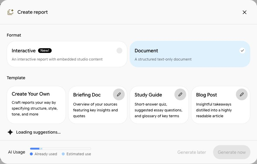 The Create report window: Format with Document chosen, and Template with Study Guide