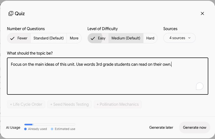 The Quiz window: Number of Questions, Level of Difficulty, and What should the topic be?