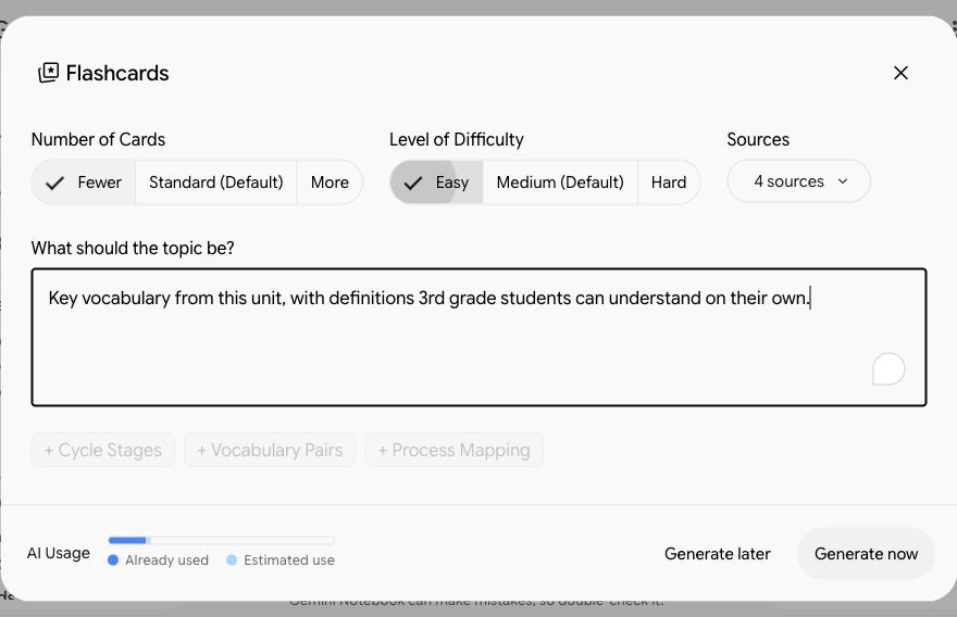 The Flashcards window: Number of Cards, Level of Difficulty, and What should the topic be?