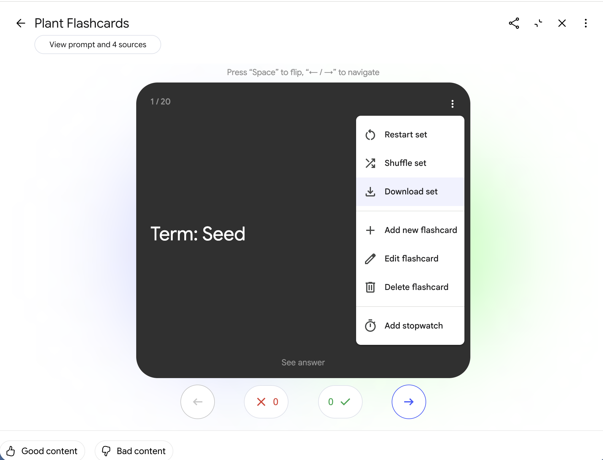 The three-dot menu on a flashcard, with Download set