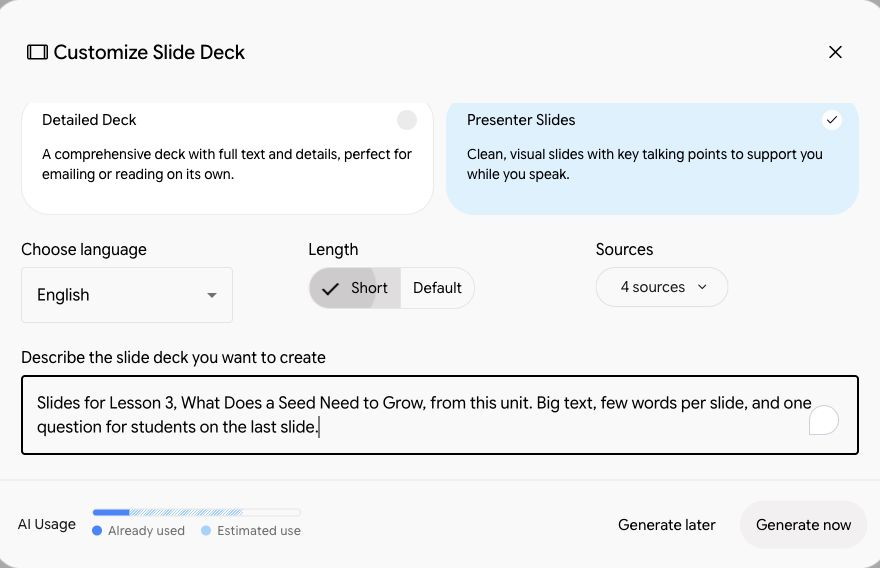 The Slide Deck options: Detailed Deck or Presenter Slides, length, and the focus box
