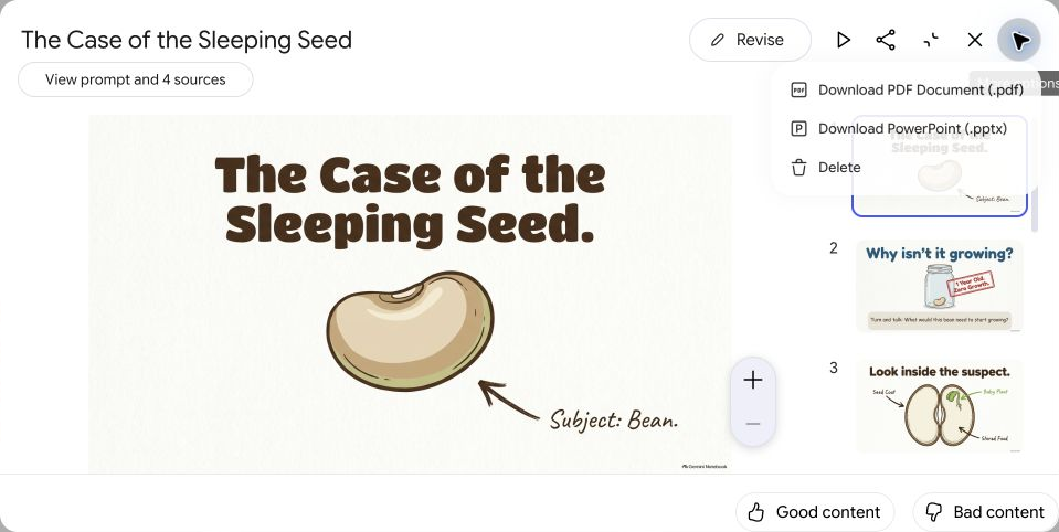 The menu on a finished slide deck, with Download PDF Document and Download PowerPoint